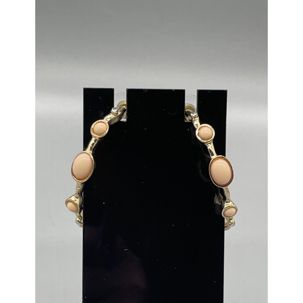 Gold Tone Peach Cabochon Organic Textured Hoop Earrings Crystal Accents 1.5"